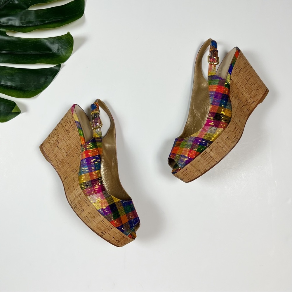 Stuart Weitzman Jean Plaid Multicolor Slingback Wedge Sandal